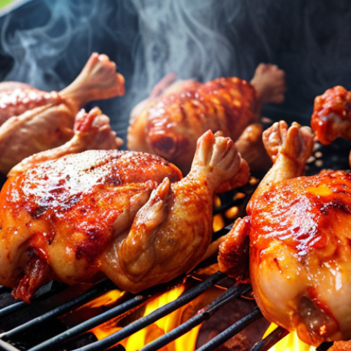 Home 15 **
`Kimchi marinated chicken grilling on a BBQ, close-up, vibrant colors, steam rising, mouthwatering, backyard setting with friends, sunny afternoon, high detail.`
**