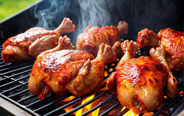 **
`Kimchi marinated chicken grilling on a BBQ, close-up, vibrant colors, steam rising, mouthwatering, backyard setting with friends, sunny afternoon, high detail.`
**