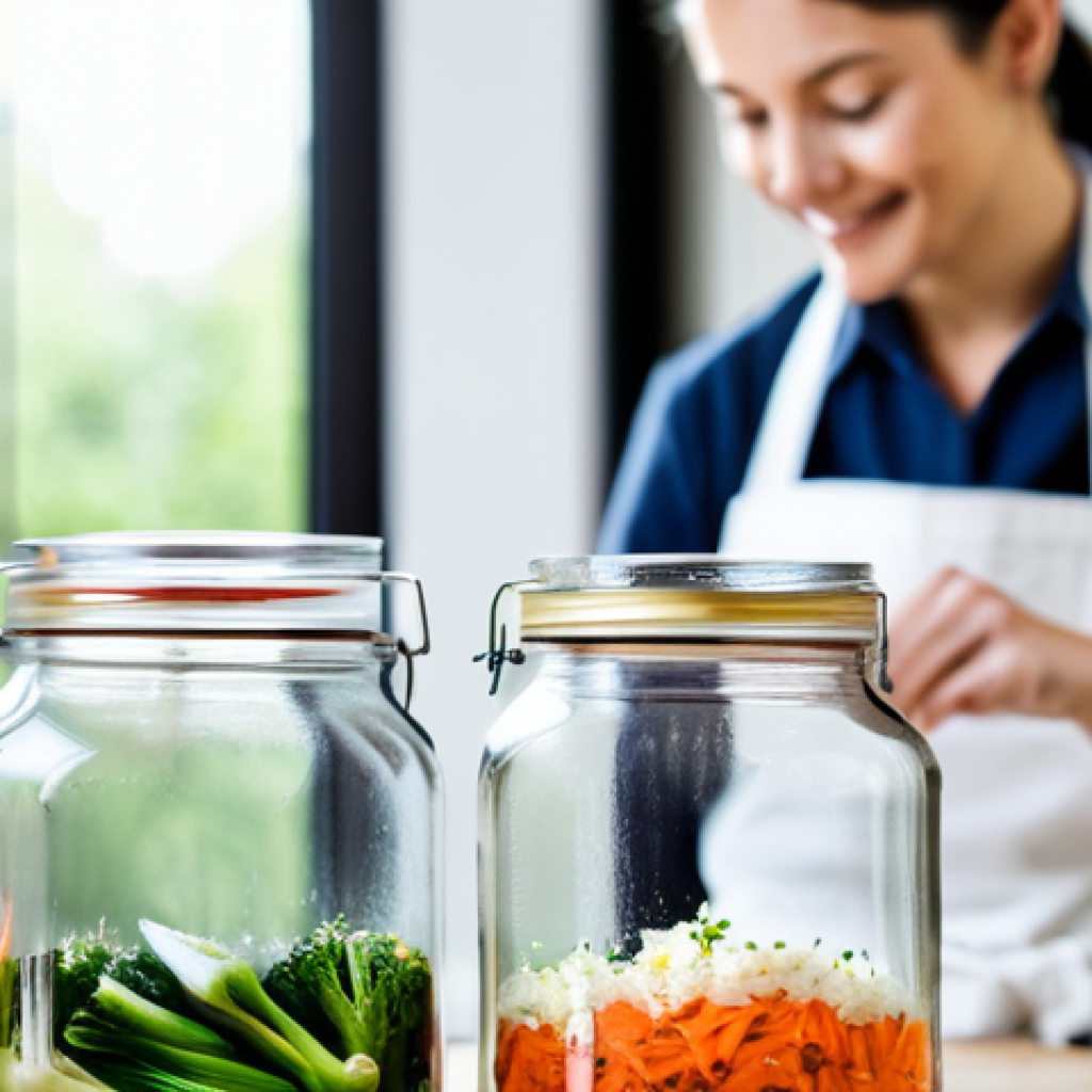 A close-up shot of clear glass fermentation jars filled with vibrant chopped vegetables (carrots, celery, onions, garlic, ginger) submerged in brine, with visible small bubbles indicating active fermentation. A professional chef, fully clothed in a clean, modest white apron, is subtly blurred in the background, observing the jars with a satisfied expression. The scene is set on a brightly lit, clean, and modern kitchen countertop, with natural light streaming in. A small notebook and a pen are nearby. High quality, professional photography, perfect anatomy, correct proportions, natural pose, well-formed hands, proper finger count, safe for work, appropriate content, fully clothed, professional dress, family-friendly.