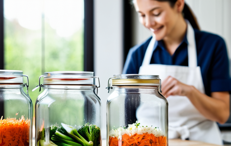 A close-up shot of clear glass fermentation jars filled with vibrant chopped vegetables (carrots, celery, onions, garlic, ginger) submerged in brine, with visible small bubbles indicating active fermentation. A professional chef, fully clothed in a clean, modest white apron, is subtly blurred in the background, observing the jars with a satisfied expression. The scene is set on a brightly lit, clean, and modern kitchen countertop, with natural light streaming in. A small notebook and a pen are nearby. High quality, professional photography, perfect anatomy, correct proportions, natural pose, well-formed hands, proper finger count, safe for work, appropriate content, fully clothed, professional dress, family-friendly.