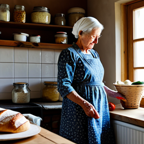 Home 7 Traditional Fermentation**
A cozy kitchen scene, featuring a grandmotherly figure in a modest floral dress, carefully tending to crocks filled with fermenting vegetables. Jars of homemade yogurt and sourdough bread are visible in the background. The setting evokes a sense of warmth and tradition. Emphasize the natural, rustic aesthetic. Fully clothed, appropriate attire, safe for work, perfect anatomy, natural proportions, family-friendly, high quality.
**