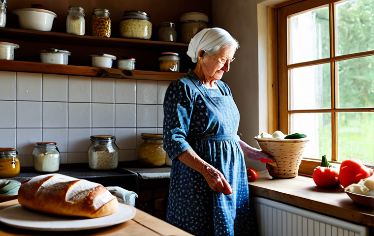 Traditional Fermentation**
A cozy kitchen scene, featuring a grandmotherly figure in a modest floral dress, carefully tending to crocks filled with fermenting vegetables. Jars of homemade yogurt and sourdough bread are visible in the background. The setting evokes a sense of warmth and tradition. Emphasize the natural, rustic aesthetic. Fully clothed, appropriate attire, safe for work, perfect anatomy, natural proportions, family-friendly, high quality.
**