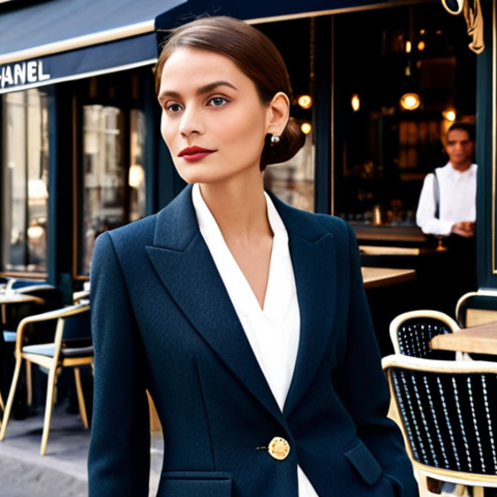 **
"A professional woman, elegantly dressed in a Chanel-inspired suit, standing in front of a Parisian bistro with classic awnings and outdoor seating, fully clothed, appropriate attire, safe for work, perfect anatomy, natural proportions, professional photography, high quality, soft natural lighting, in the style of a fashion editorial for *Elle* magazine, Eiffel Tower subtly visible in the background."
**
