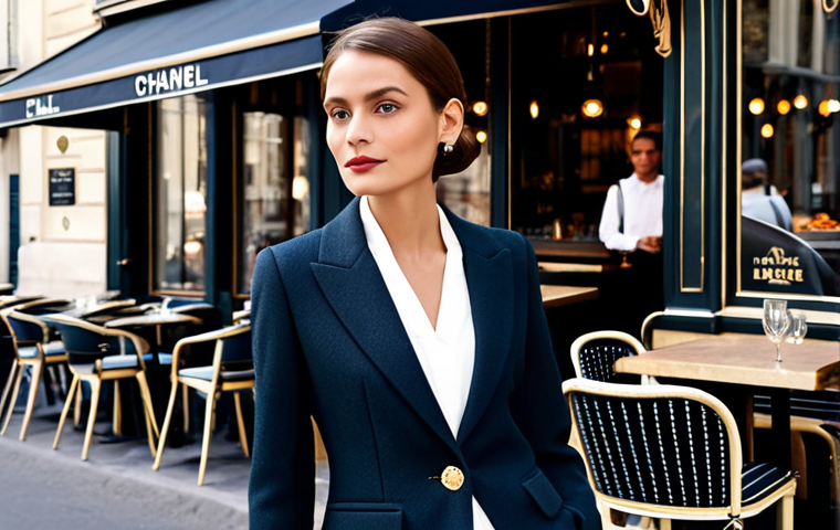 **

"A professional woman, elegantly dressed in a Chanel-inspired suit, standing in front of a Parisian bistro with classic awnings and outdoor seating, fully clothed, appropriate attire, safe for work, perfect anatomy, natural proportions, professional photography, high quality, soft natural lighting, in the style of a fashion editorial for *Elle* magazine, Eiffel Tower subtly visible in the background."

**