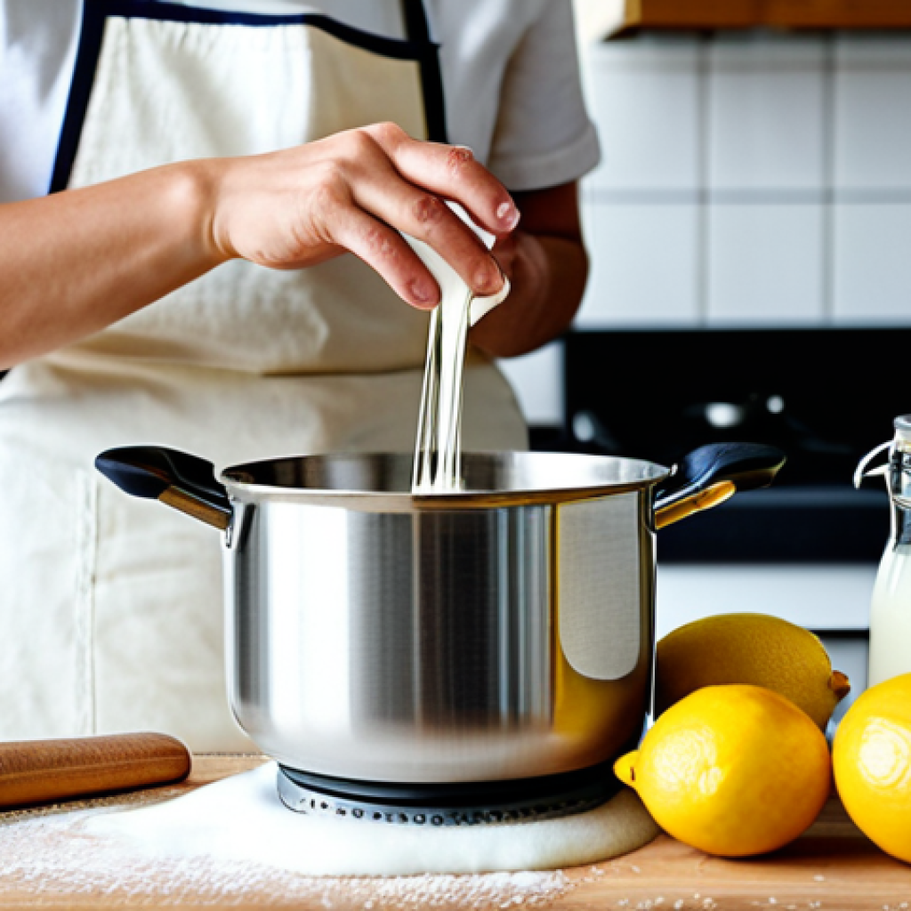 Making Ricotta at Home**
A bright, clean kitchen scene. A person wearing an apron is carefully stirring milk in a stainless steel pot on a stovetop. A thermometer is clipped to the side of the pot. Natural light fills the room. Background includes kitchen utensils, a colander lined with cheesecloth, and ingredients like lemons and a carton of milk. fully clothed, safe for work, appropriate content, professional, perfect anatomy, correct proportions, natural pose, well-formed hands, proper finger count, natural body proportions, high quality.
**