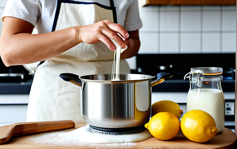 Making Ricotta at Home**

A bright, clean kitchen scene. A person wearing an apron is carefully stirring milk in a stainless steel pot on a stovetop. A thermometer is clipped to the side of the pot. Natural light fills the room. Background includes kitchen utensils, a colander lined with cheesecloth, and ingredients like lemons and a carton of milk. fully clothed, safe for work, appropriate content, professional, perfect anatomy, correct proportions, natural pose, well-formed hands, proper finger count, natural body proportions, high quality.

**