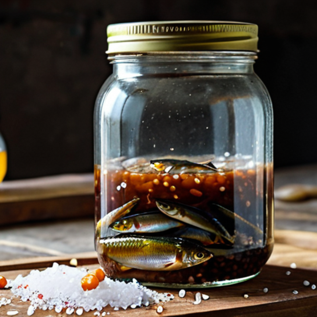 **
A close-up professional shot of a glass jar filled with fermenting fish sauce, sardines visible, coarse sea salt evident, in a rustic kitchen setting. "Safe for work", "appropriate content", "fully clothed" (referring to anyone who might be present but unseen), "professional" product photography, "perfect anatomy" (of the fish), "natural proportions" of the jar and ingredients.
**