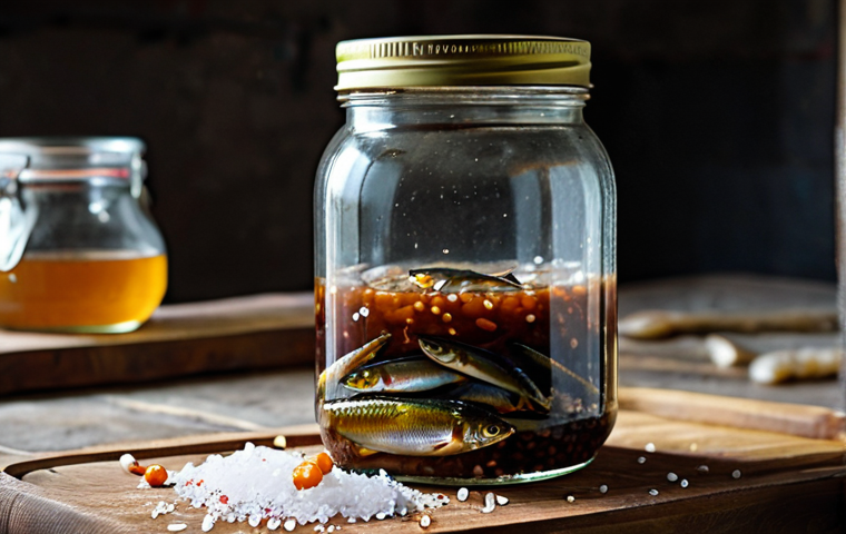 **

A close-up professional shot of a glass jar filled with fermenting fish sauce, sardines visible, coarse sea salt evident, in a rustic kitchen setting. "Safe for work", "appropriate content", "fully clothed" (referring to anyone who might be present but unseen), "professional" product photography, "perfect anatomy" (of the fish), "natural proportions" of the jar and ingredients.

**