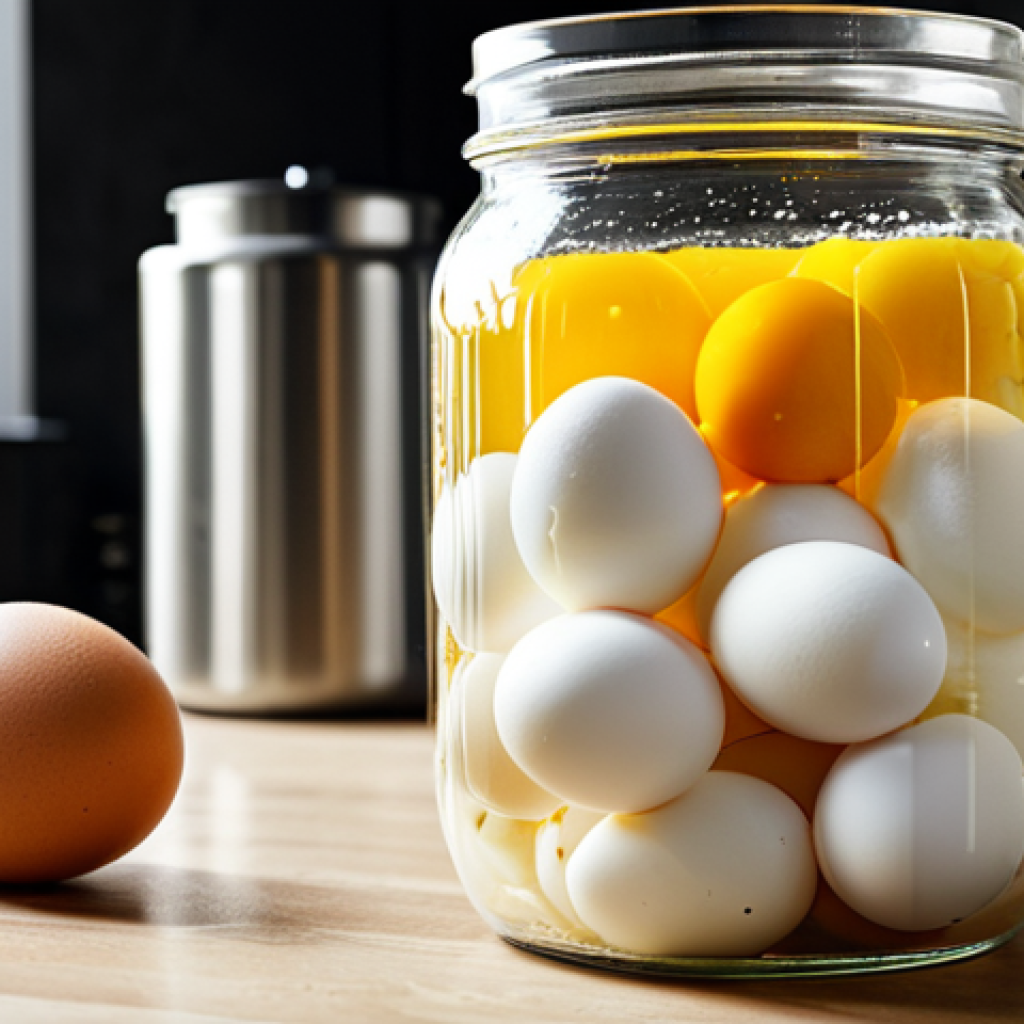Fermenting Eggs**

"Close-up of a glass jar filled with eggs fermenting in a brine solution on a kitchen counter, safe for work, appropriate content, fully clothed, professional, well-lit, natural light, kitchen background, perfect anatomy, correct proportions, high quality."

**