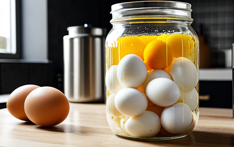 Fermenting Eggs**

"Close-up of a glass jar filled with eggs fermenting in a brine solution on a kitchen counter, safe for work, appropriate content, fully clothed, professional, well-lit, natural light, kitchen background, perfect anatomy, correct proportions, high quality."

**