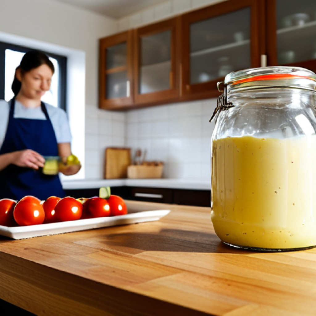 자가 발효로 만드는 마요네즈 - Fermenting Mayonnaise**
"A brightly lit kitchen scene, showing a glass jar of homemade mayonnaise f...