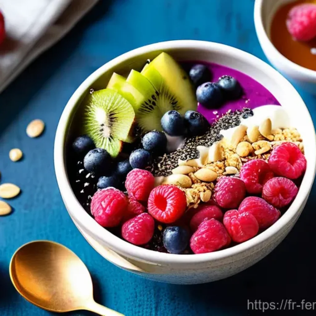 자가 발효로 만든 스무디볼 - A highly detailed, visually appealing flat-lay photograph of a vibrantly colored fermented smoothie ...