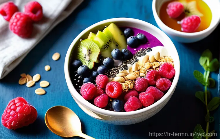 자가 발효로 만든 스무디볼 - A highly detailed, visually appealing flat-lay photograph of a vibrantly colored fermented smoothie ...