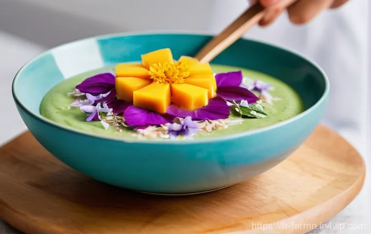 자가 발효로 만든 스무디볼 - A highly detailed, visually appealing flat-lay photograph of a vibrantly colored fermented smoothie ...