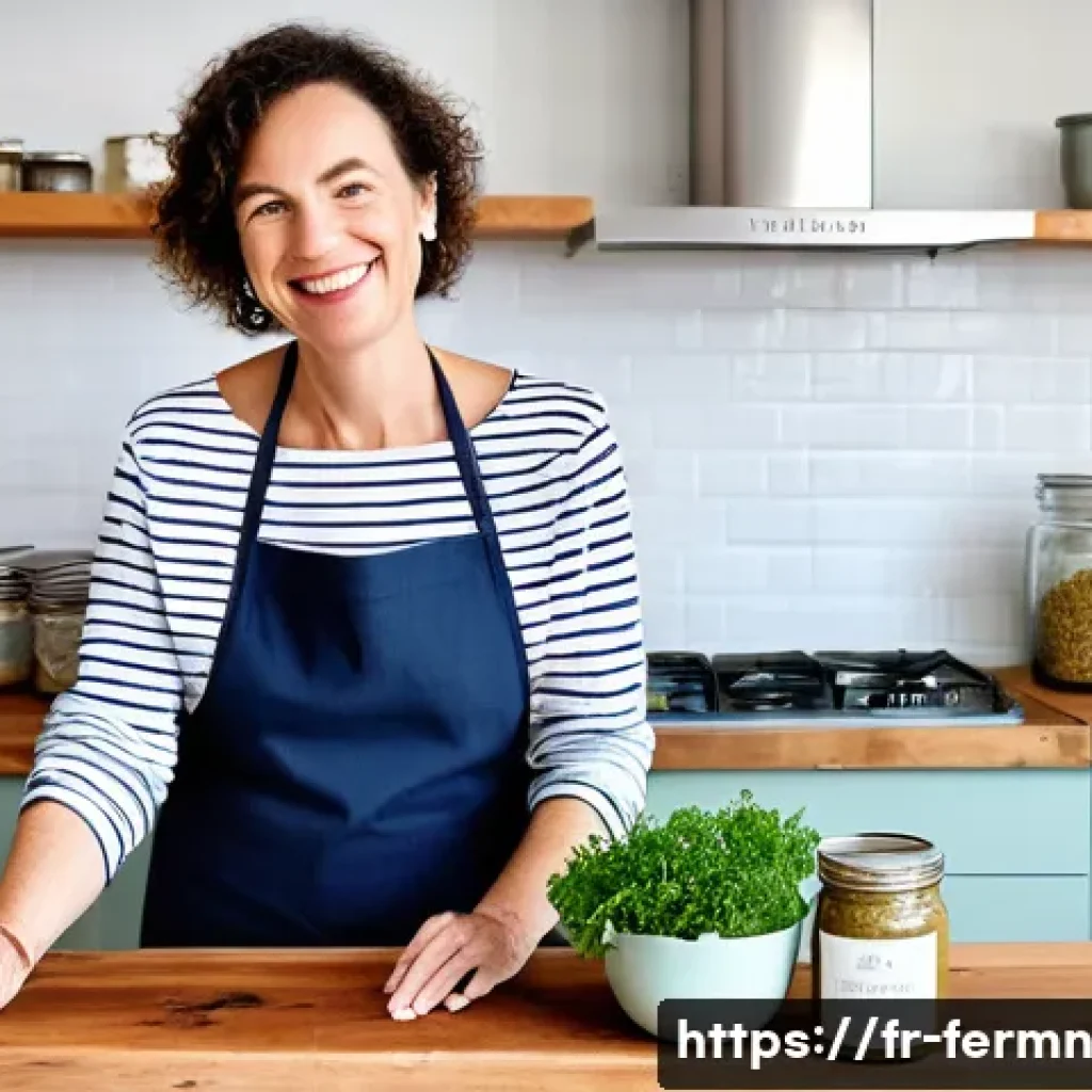 자가 발효로 만든 조개찜 양념 - **A passionate French culinary blogger in her bright, elegant kitchen, proudly presenting a beautifu...