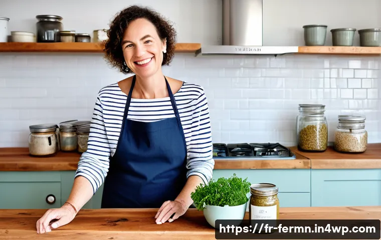 자가 발효로 만든 조개찜 양념 - **A passionate French culinary blogger in her bright, elegant kitchen, proudly presenting a beautifu...