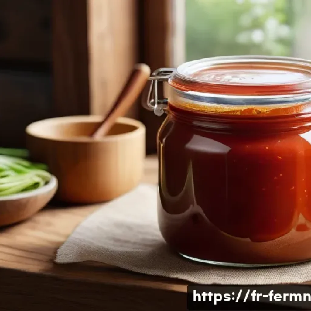 자가 발효로 만드는 떡볶이 소스 - A close-up shot of a traditional glass jar filled with homemade fermented tteokbokki sauce, showcasi...