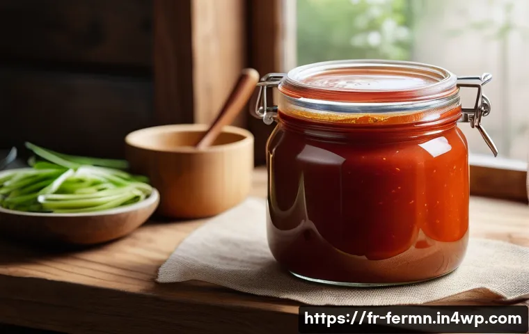자가 발효로 만드는 떡볶이 소스 - A close-up shot of a traditional glass jar filled with homemade fermented tteokbokki sauce, showcasi...