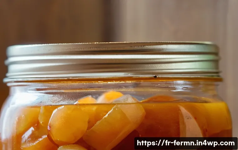 자가 발효로 만든 건강한 탕수육 - A rustic kitchen scene featuring a clear glass jar filled with vibrant fermented sweet and sour sauc...