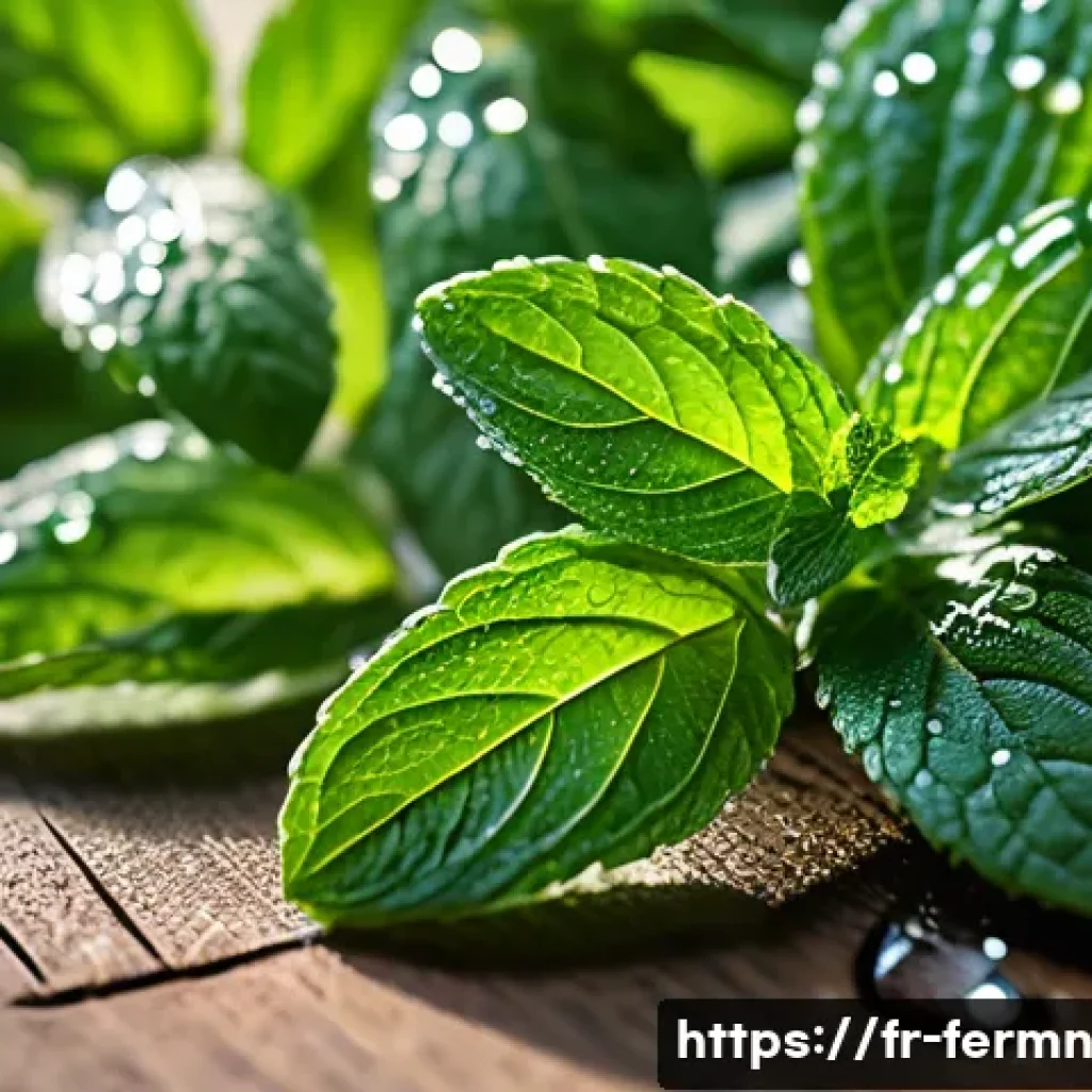 자가 발효로 만든 민트 소스 레시피 - A close-up of fresh, vibrant green mint leaves early in the morning light, dewy with tiny water drop...