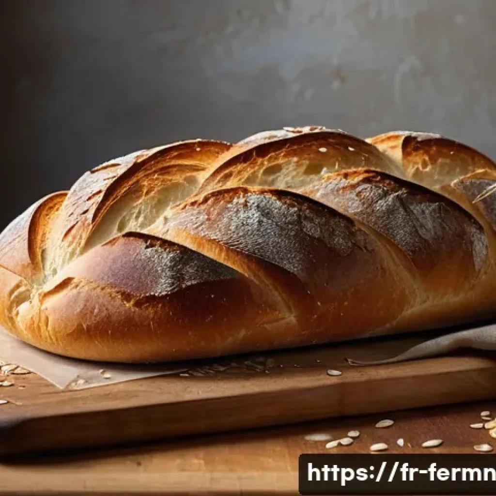 자가 발효로 만들어 보는 쉬운 빵 - A rustic artisanal bread loaf on a wooden cutting board in a warm French kitchen setting, featuring ...
