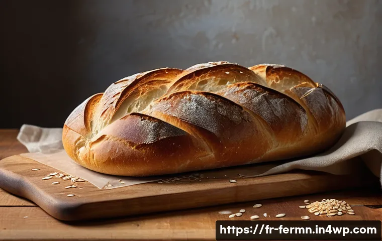 자가 발효로 만들어 보는 쉬운 빵 - A rustic artisanal bread loaf on a wooden cutting board in a warm French kitchen setting, featuring ...