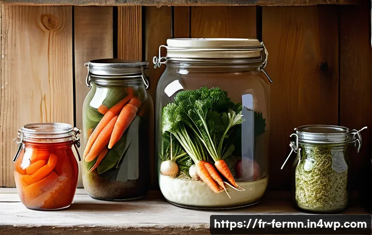 자가 발효 식품의 종류와 만드는 법 - A cozy French kitchen corner dedicated to fermentation, featuring glass jars filled with vibrant lac...