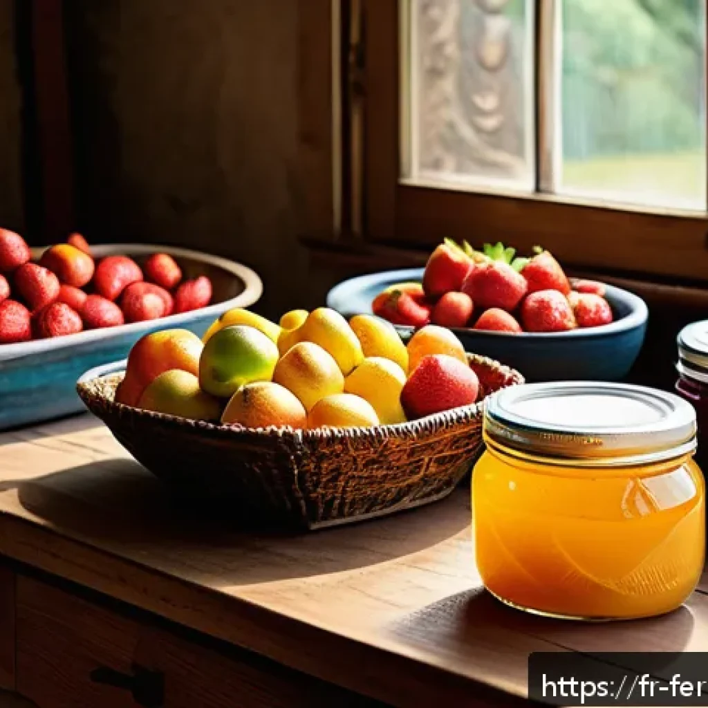 자가 발효로 만드는 과일 청 레시피 - A rustic kitchen scene with a variety of fresh, organic fruits including firm strawberries, apples, ...