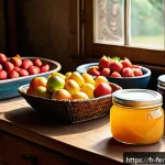Home 20 자가 발효로 만드는 과일 청 레시피 - A rustic kitchen scene with a variety of fresh, organic fruits including firm strawberries, apples, ...