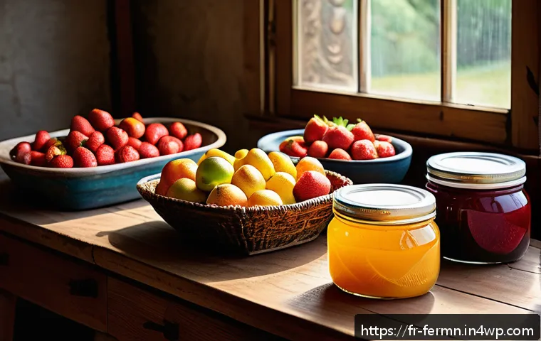 자가 발효로 만드는 과일 청 레시피 - A rustic kitchen scene with a variety of fresh, organic fruits including firm strawberries, apples, ...