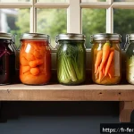 Home 19 자가 발효 식품의 보관 방법과 유통기한 - A cozy French kitchen corner featuring a rustic wooden shelf softly lit by natural light filtering t...
