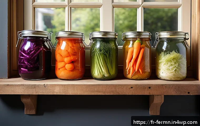 자가 발효 식품의 보관 방법과 유통기한 - A cozy French kitchen corner featuring a rustic wooden shelf softly lit by natural light filtering t...