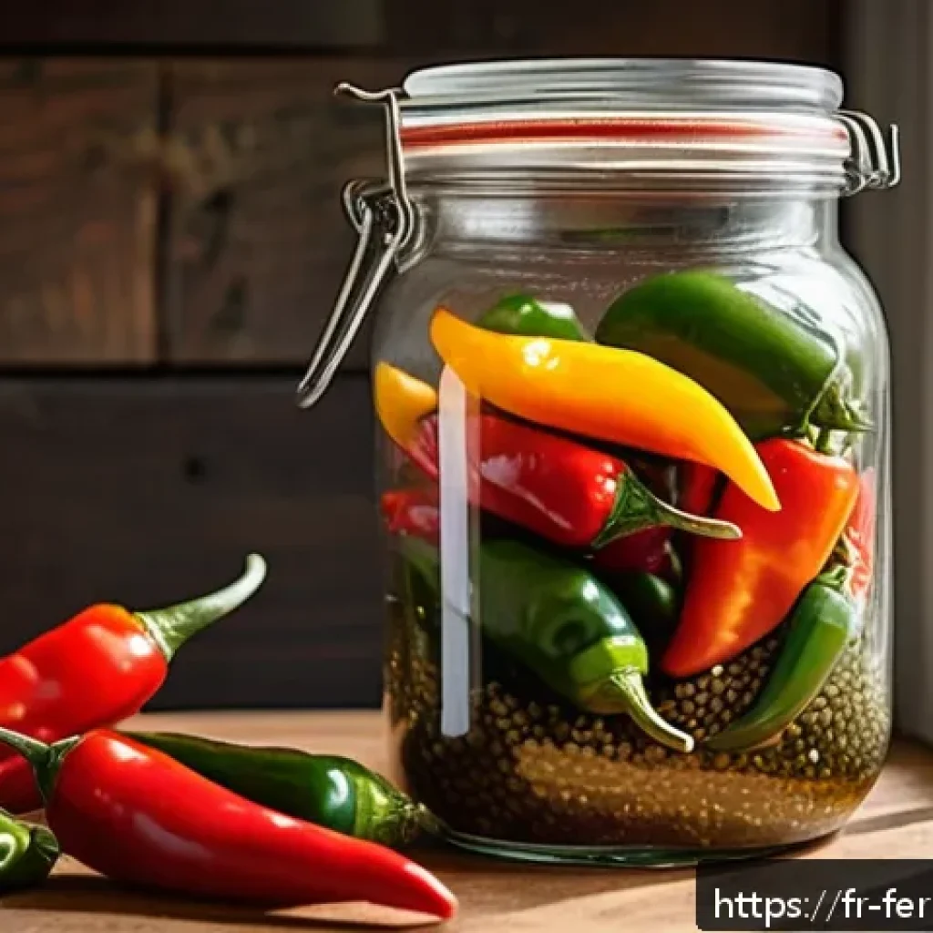 자가 발효로 만든 매운 소스 - A vibrant close-up of a rustic kitchen countertop featuring a variety of fresh chili peppers includi...
