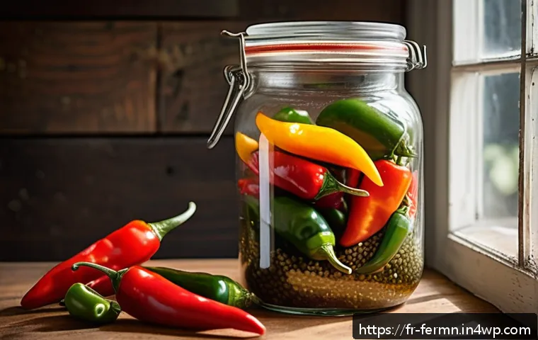 자가 발효로 만든 매운 소스 - A vibrant close-up of a rustic kitchen countertop featuring a variety of fresh chili peppers includi...