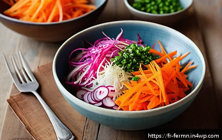 자가 발효로 만든 토핑 활용법 - A vibrant, rustic French salad bowl featuring a variety of fresh vegetables topped with colorful fer...
