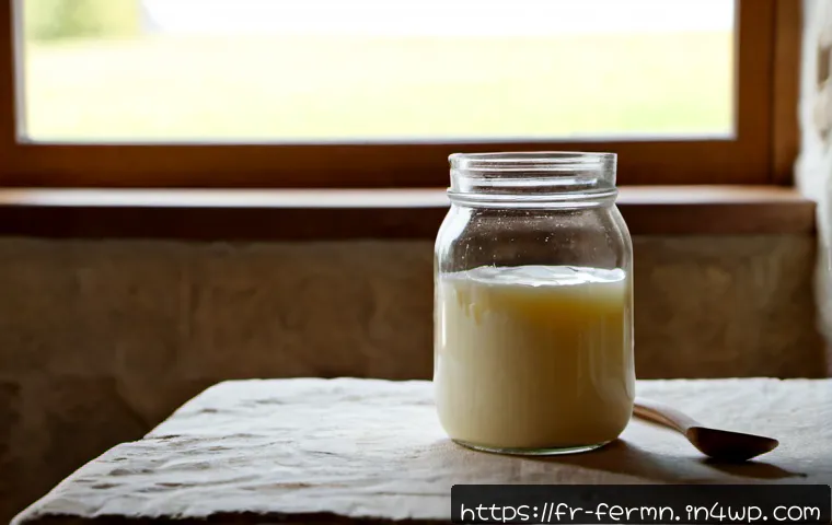Home 17 자가 발효로 만드는 버터밀크 - Photorealistic French farmhouse kitchen scene showing homemade cultured buttermilk fermentation: a c...