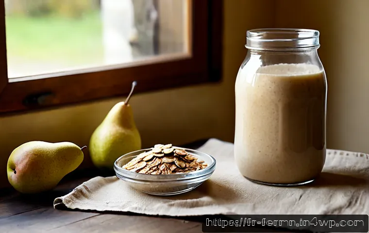 Home 17 자가 발효로 만든 오트밀 스무디 - Photorealistic close-up of a homemade fermented oatmeal smoothie in a clear unbranded glass bottle b...