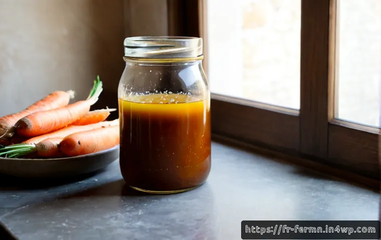 Home 17 자가 발효로 만든 비건 소스 - Photorealistic French home kitchen scene, a clear glass jar of naturally fermented vegan sauce with ...